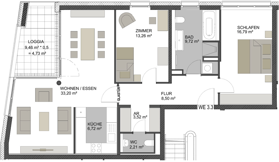 3. OG, 3 Zimmer-Eigentumswohnung TE13, ca. 98 m² Wohnfläche